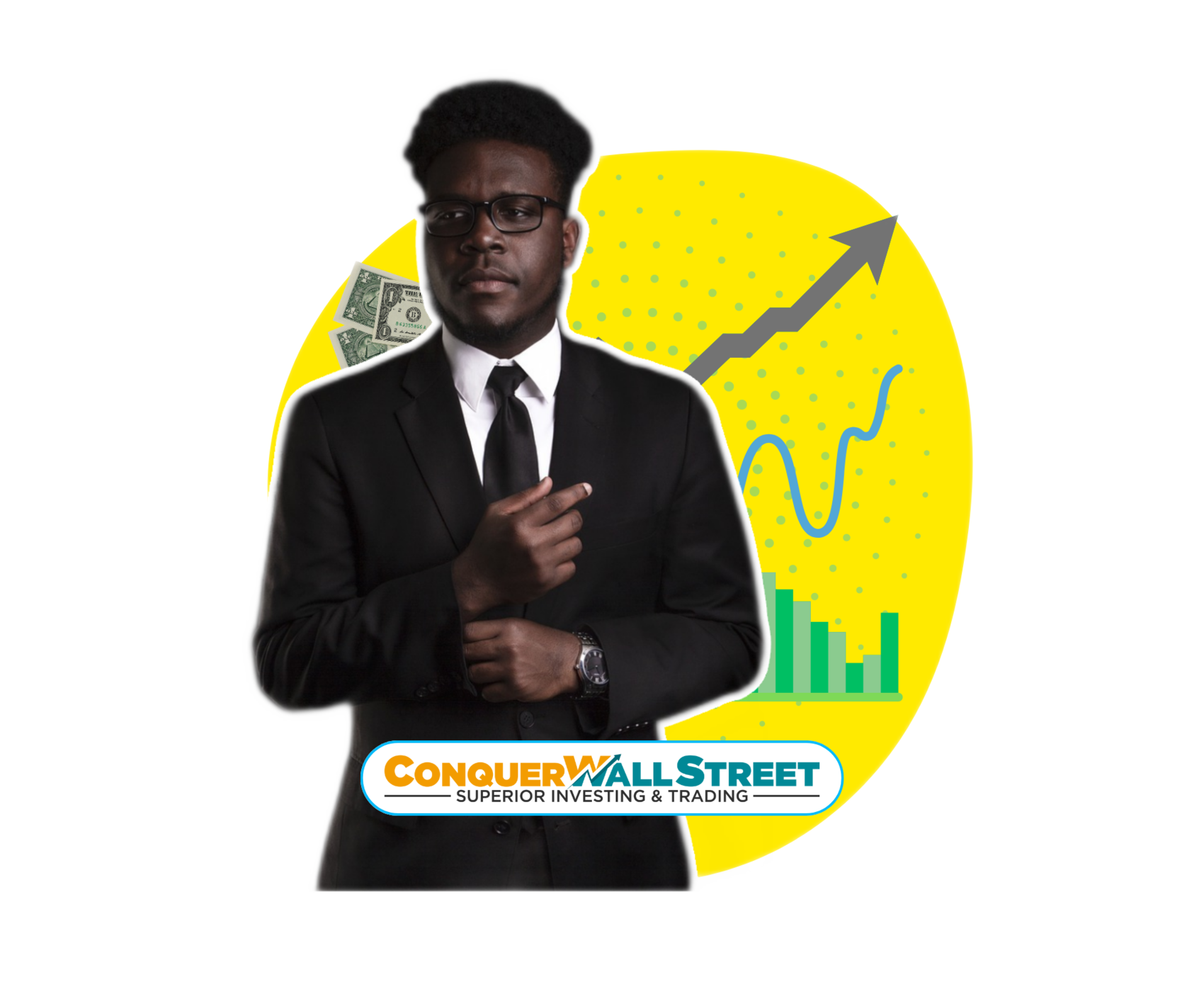 Image of a handsome businessman promoting Conquer Wall Street's stock and crypto trading systems.