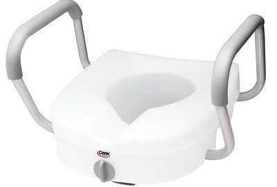 A white toilet seat with gray handles on a white background.