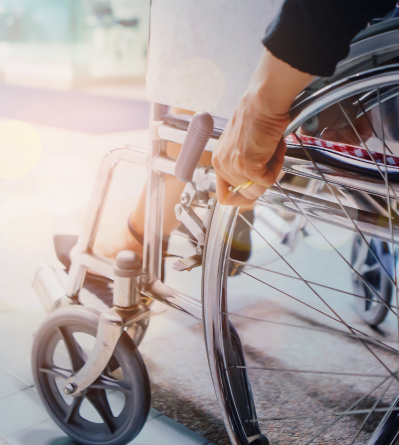 A person in a wheelchair is holding the handle of the wheel.