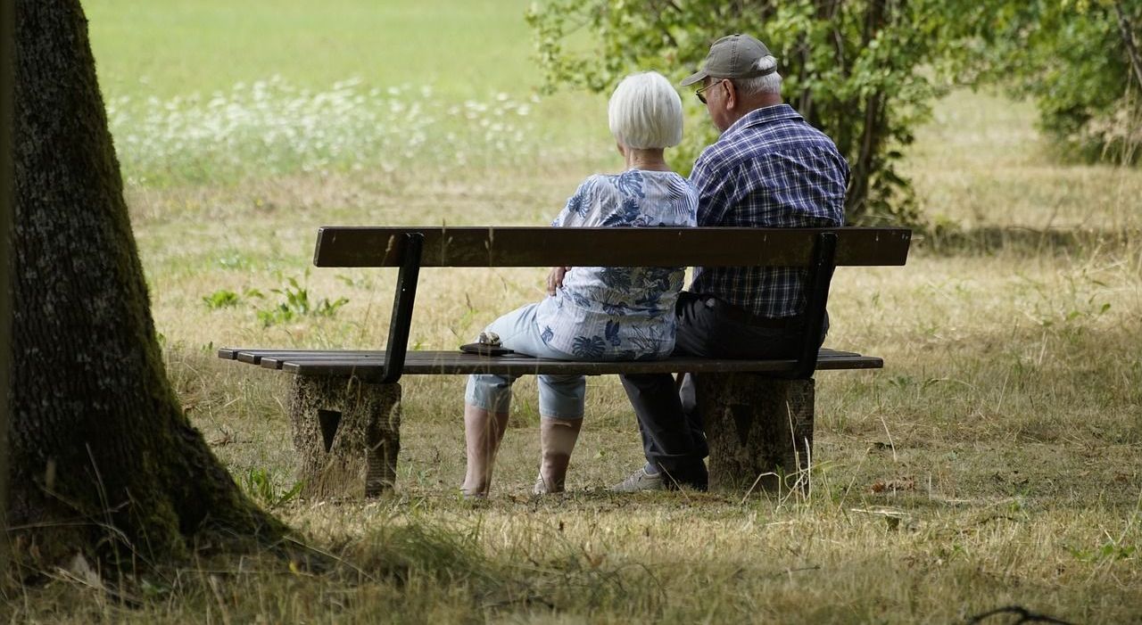 An elderly couple is sitting on a park bench.