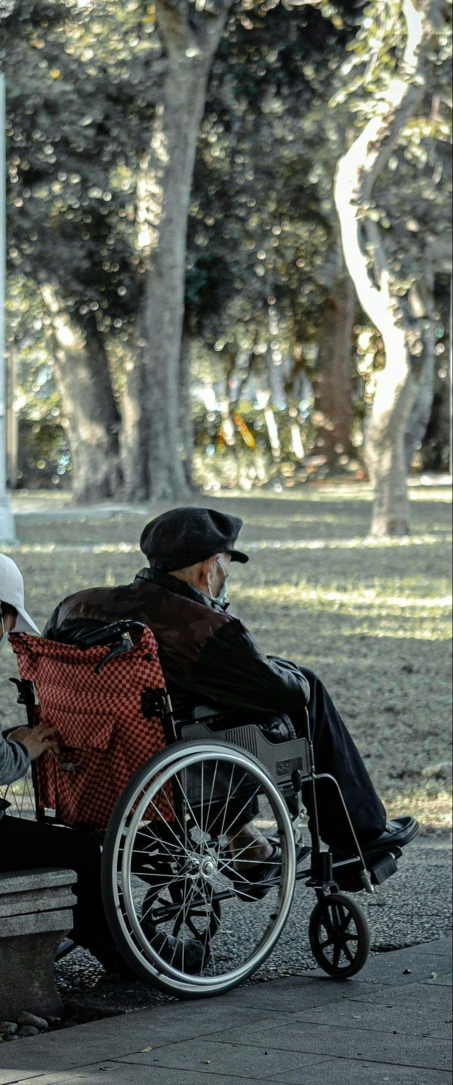 A man in a wheelchair is sitting on the sidewalk in a park.