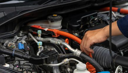 Hand inspecting car engine components, focusing on orange electrical cables.