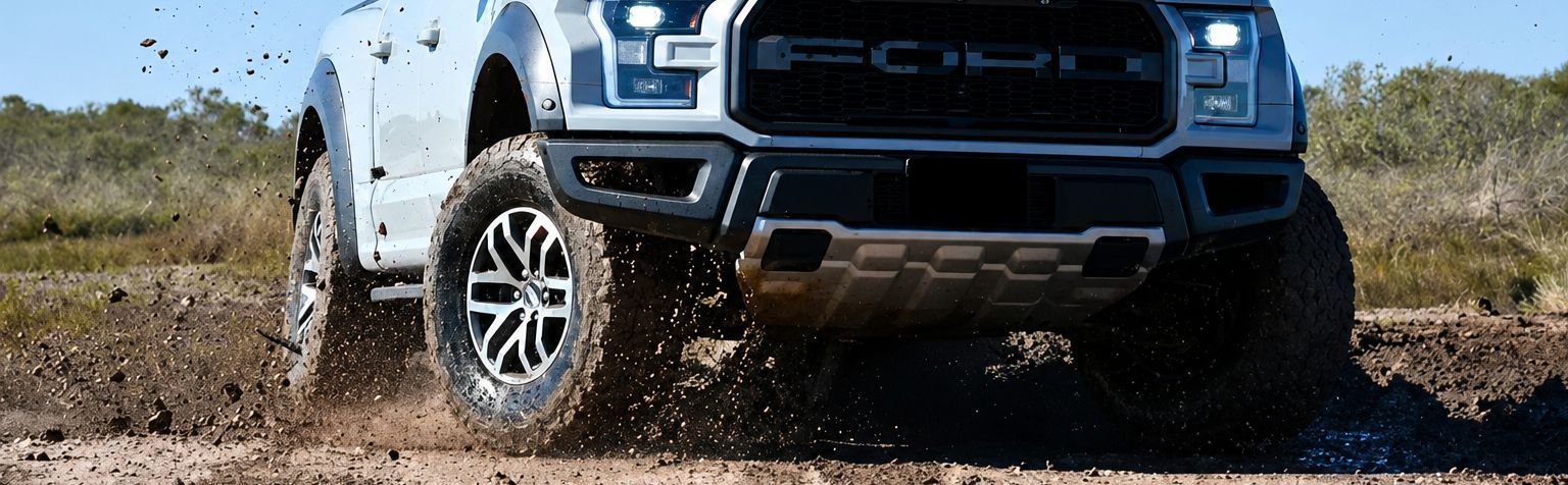 Blue off-road pickup truck driving through mud and dust on a dirt road