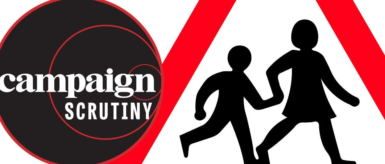 A logo for campaign scrutiny with two people crossing a crosswalk