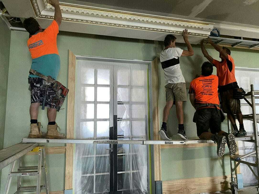 Workers Working on Cornice — Custom Cornices in Logan Village, QLD