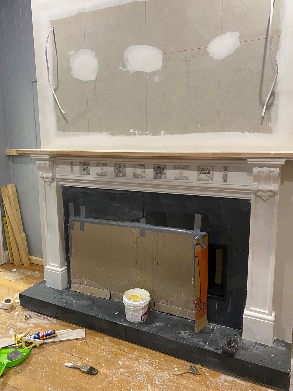 Elegant Fireplace Cornice Under Construction Side View — Manufacturing Cornices in Logan Village, QLD