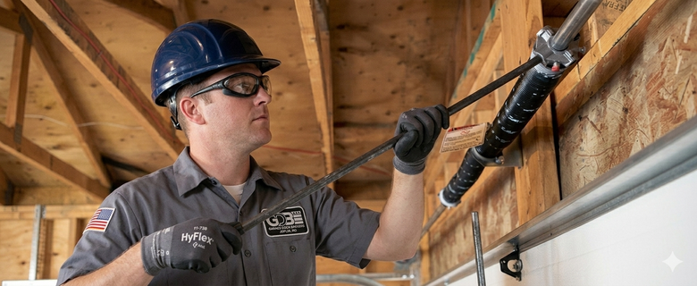 A technician wearing a hard hat and safety glasses adjusts a garage door torsion spring using a winding bar.