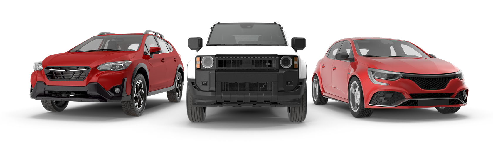 Three red cars are lined up next to each other on a white background.