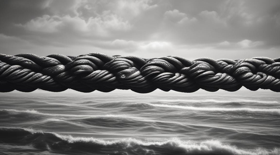 A black and white photo of a rope in the middle of the ocean.