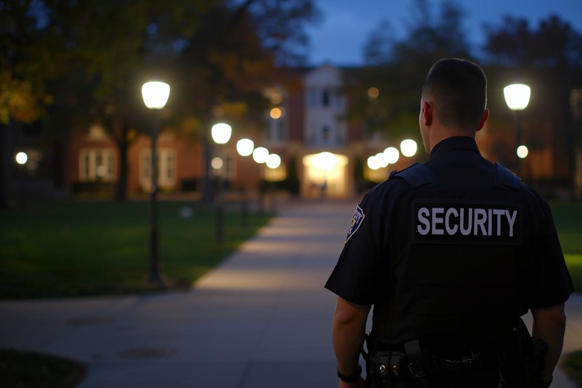 Security guard patrols a campus pathway at night, lit by street lamps.