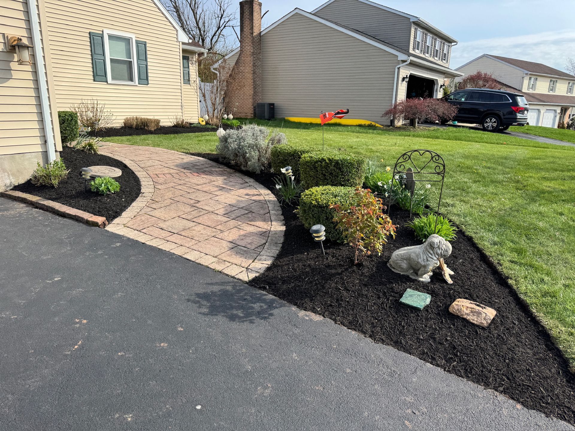 A close up of a pile of wood chips on the ground.