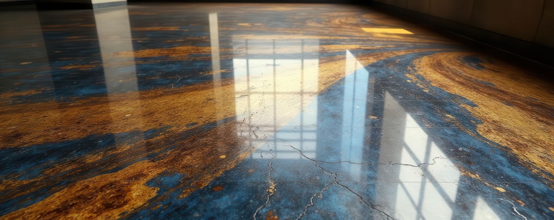 Shiny epoxy floor with blue and gold swirls reflects light.