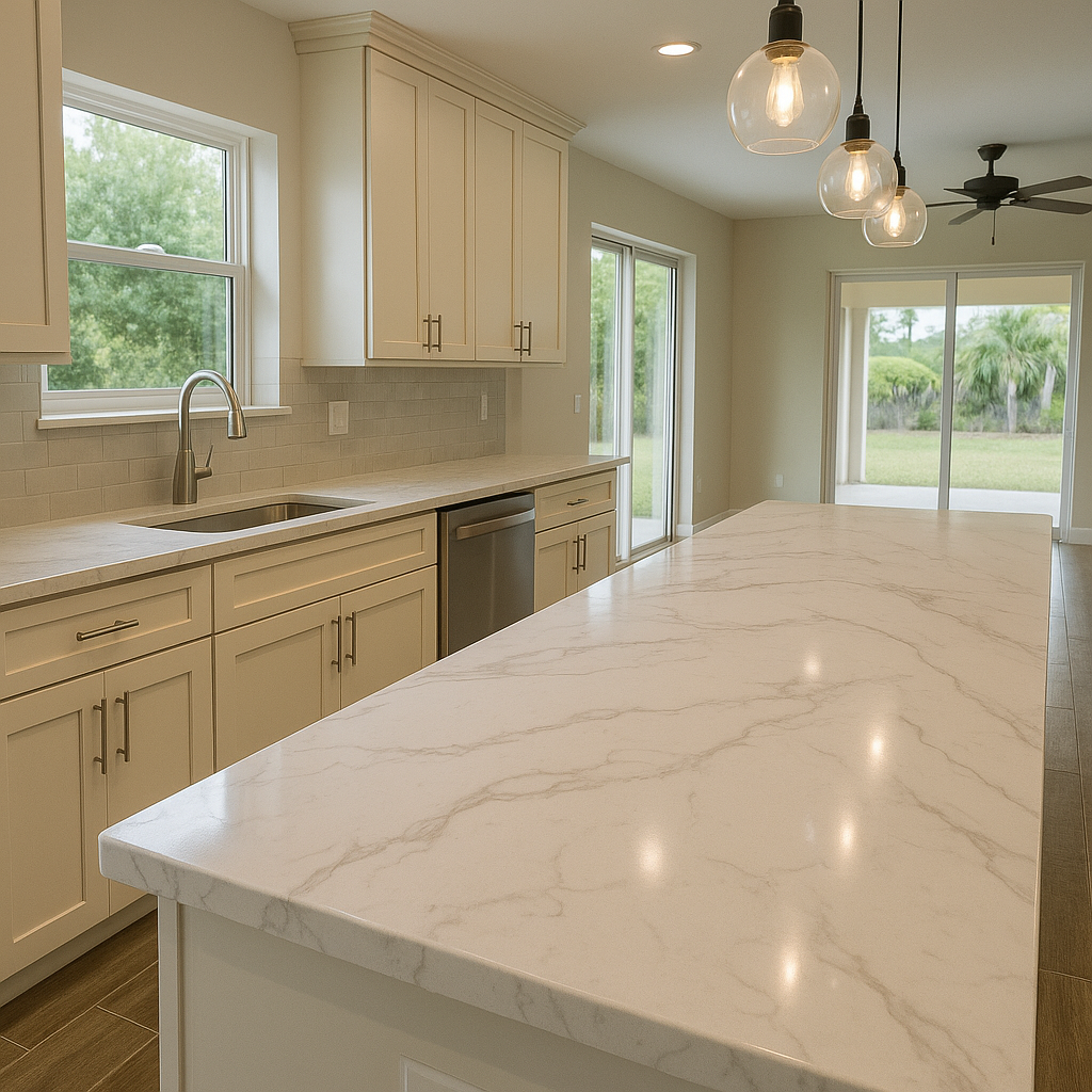 Cream kitchen with white marble countertop island, cabinets, and sink. Sliding glass door, windows, and pendant lights.
