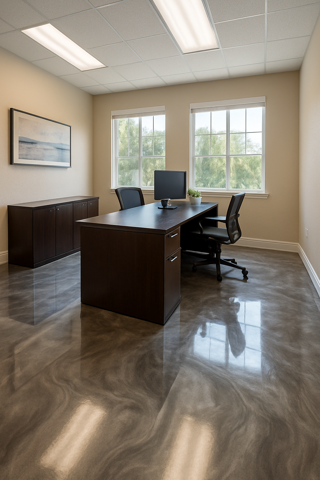 Office with dark desk, glossy floor, two windows, and two cabinets. Light beige walls and recessed lights.