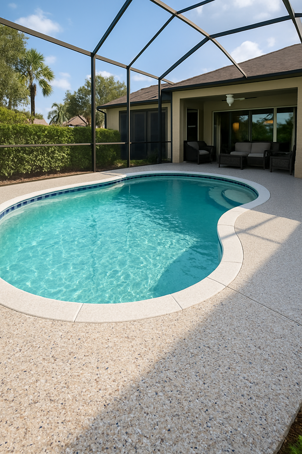 Swimming pool with clear water, surrounded by a light-colored patio and screened enclosure, near a house.