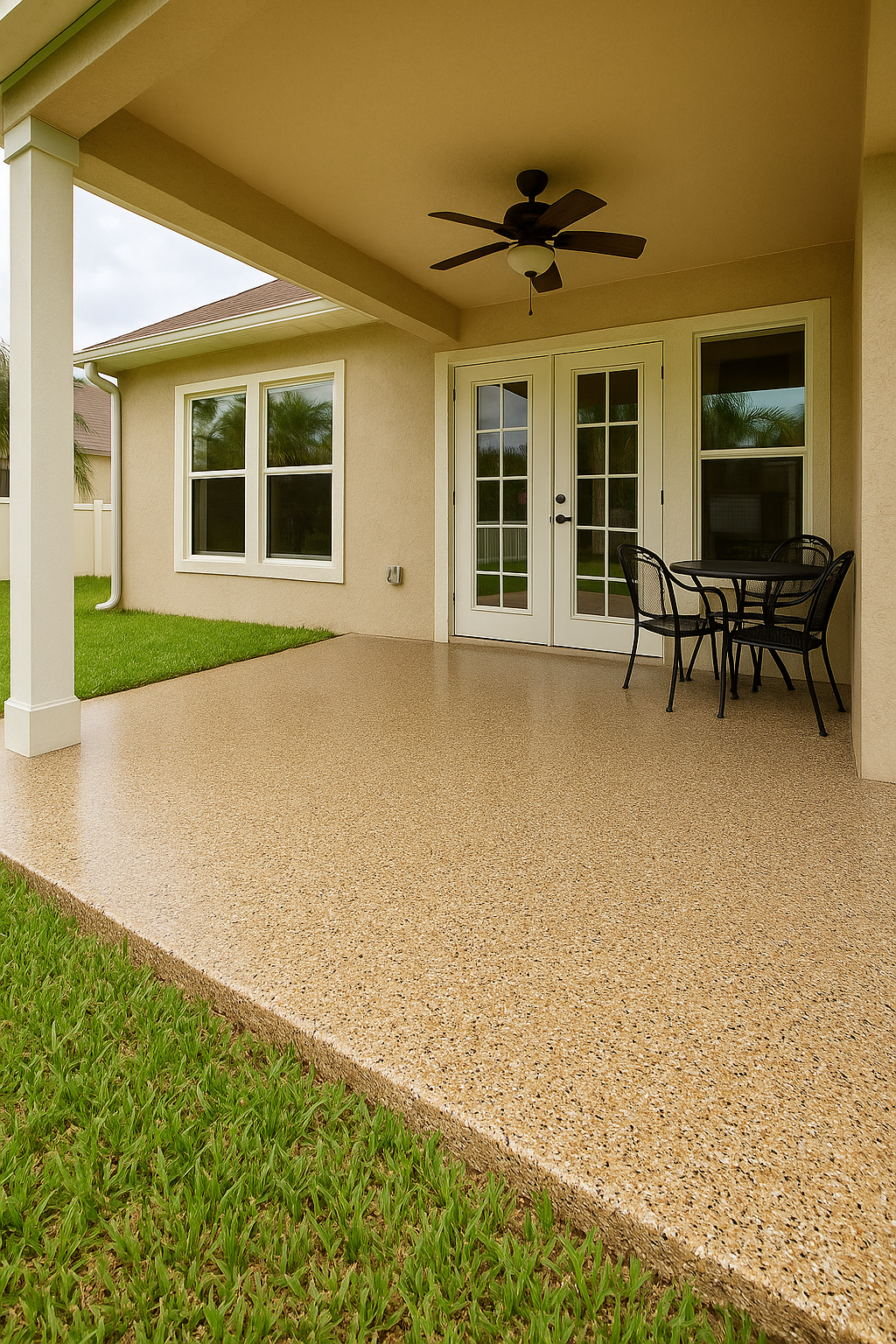 Patio with a beige speckled floor, table, and ceiling fan, adjacent to grass and house.