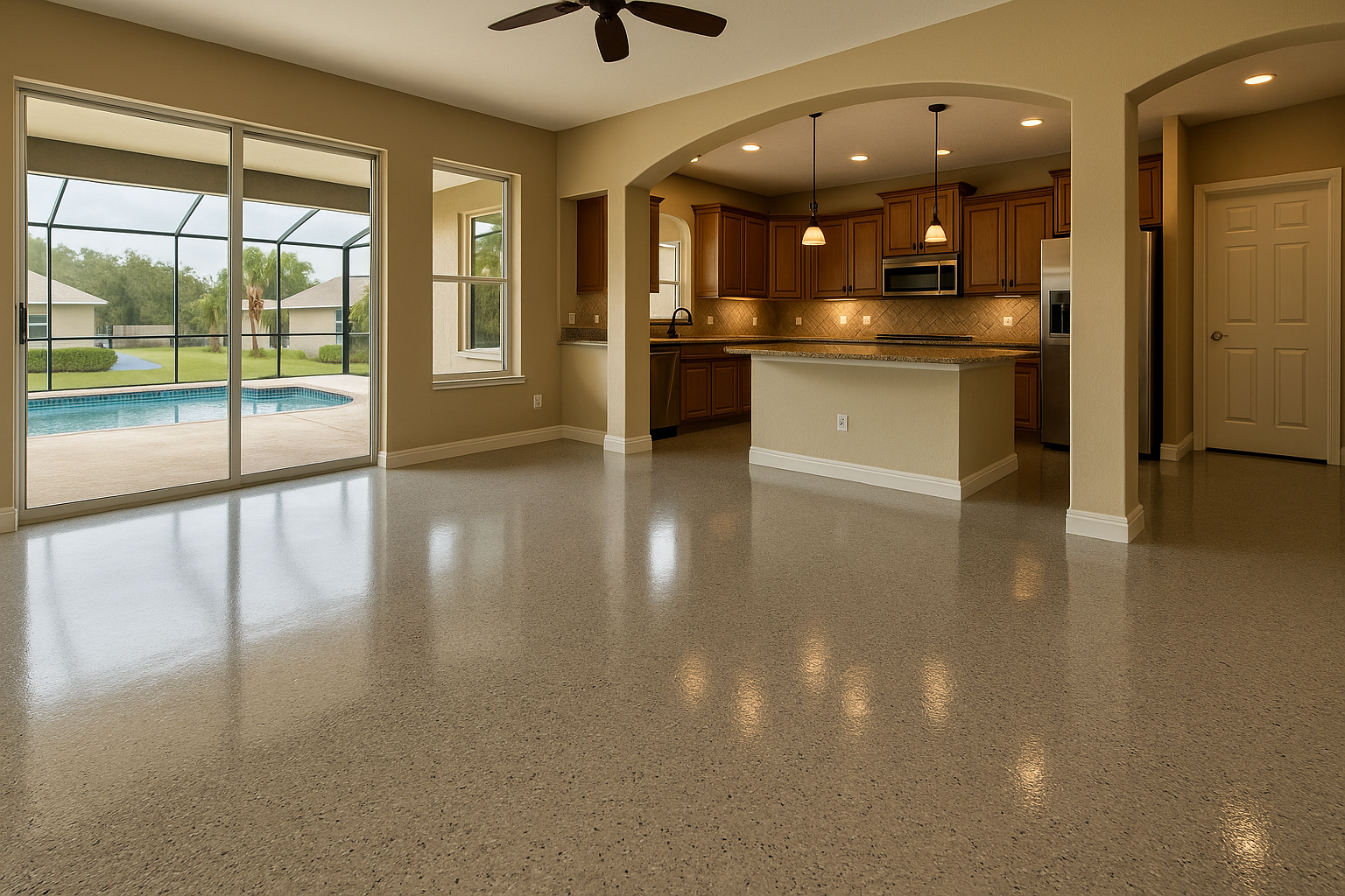 Spacious living area with glossy speckled floor, kitchen archway, sliding door to pool, tan walls.
