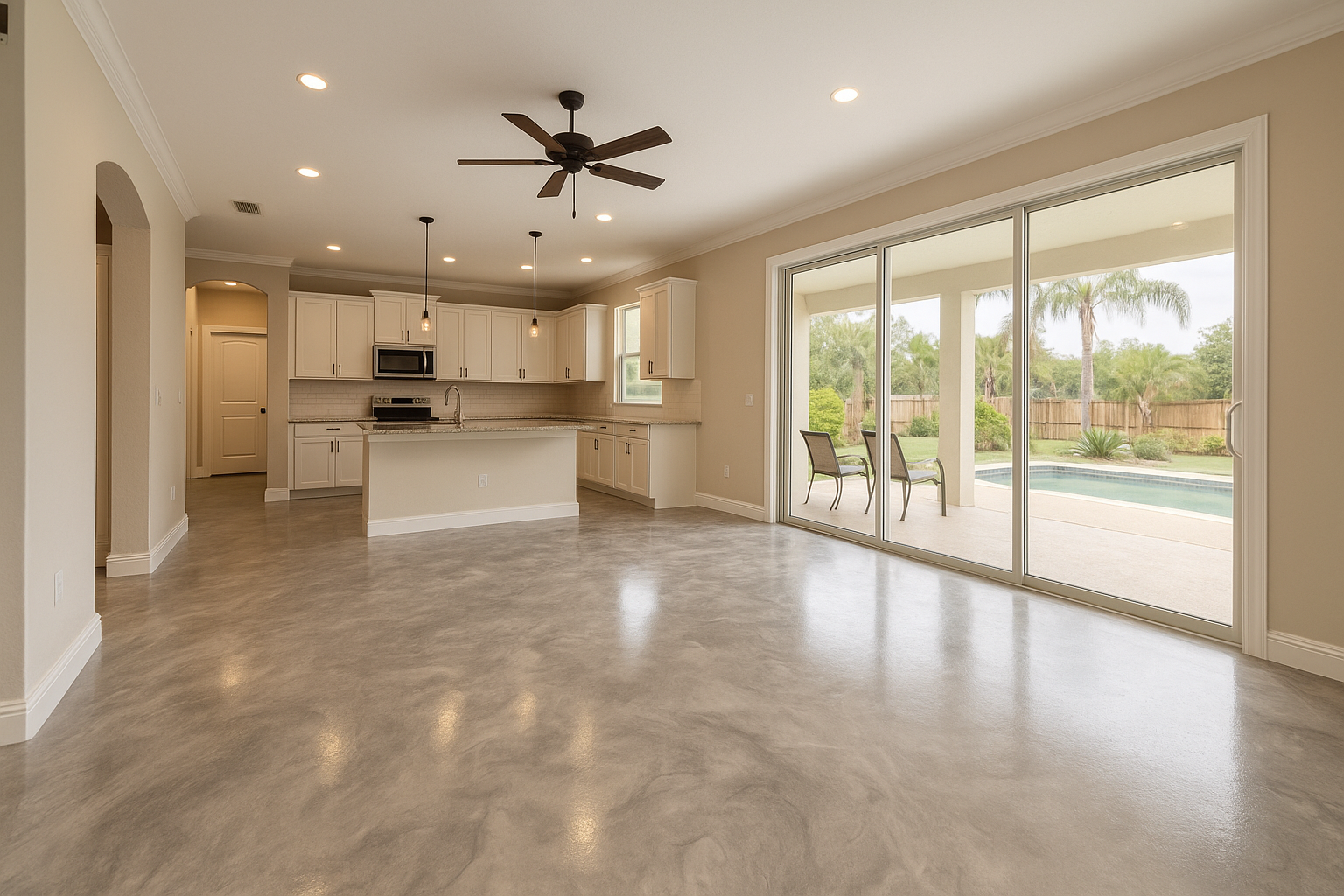 Spacious modern kitchen with light cabinets, an island, and large sliding doors opening to a patio and pool.