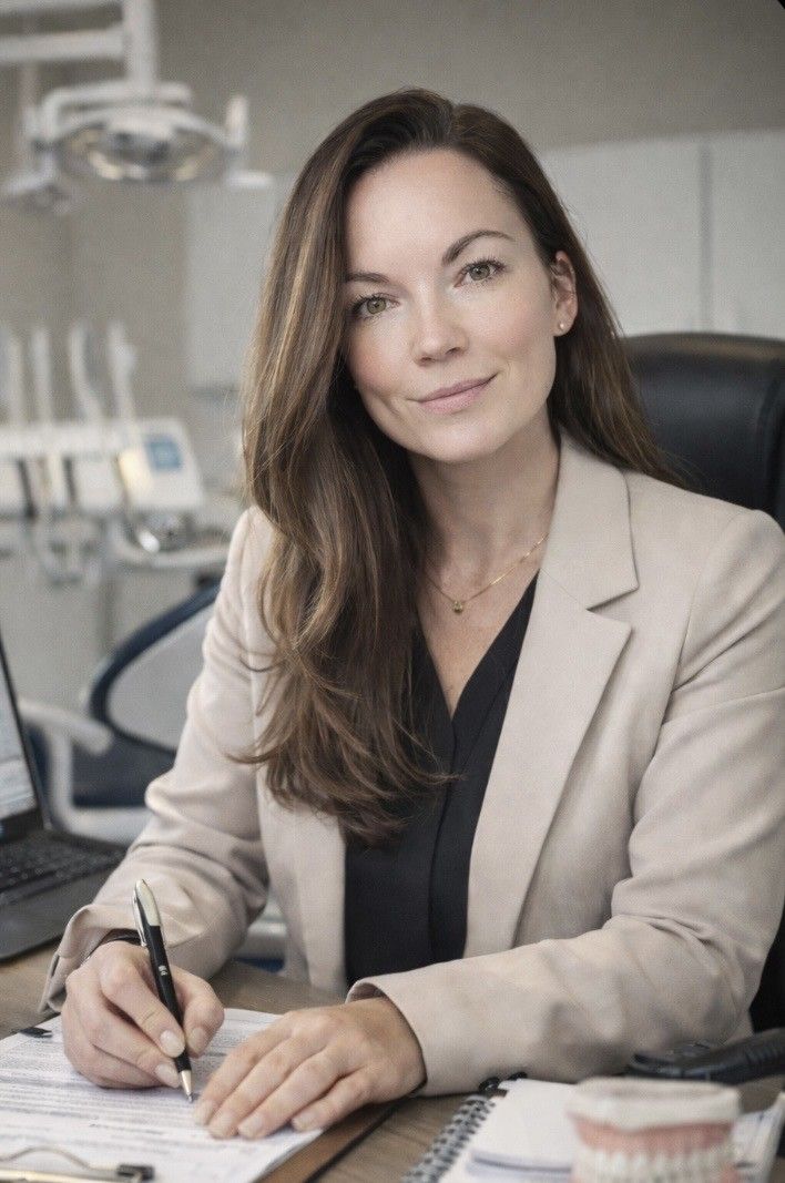 Woman in a beige blazer, writing at a desk in a dental office.