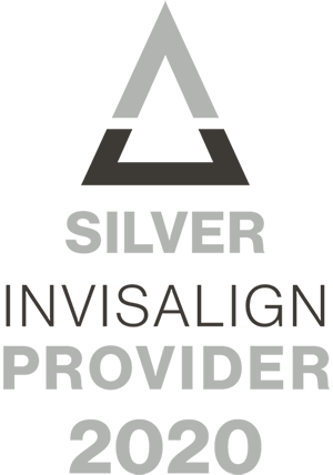 Silver Invisalign Provider logo. Gray and black geometric design with text indicating provider status in 2020.