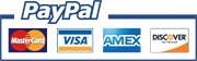 Logos for PayPal, Mastercard, Visa, Amex, and Discover credit cards.