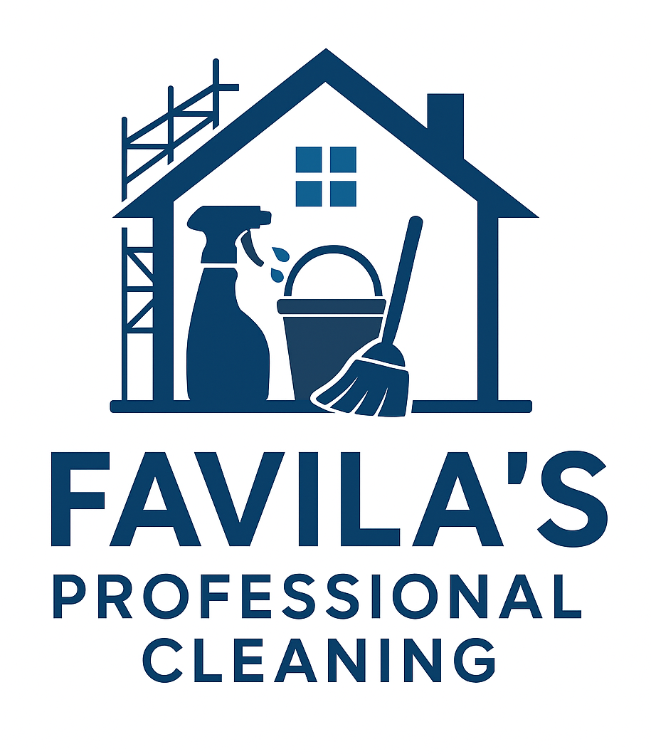 Logo for Favila's Professional Cleaning: blue house with cleaning tools inside, scaffolding on the side, and text below.