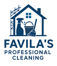 Logo for Favila's Professional Cleaning: blue house with cleaning tools inside, scaffolding on the side, and text below.