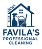 Logo for Favila's Professional Cleaning: blue house with cleaning tools inside, scaffolding on the side, and text below.