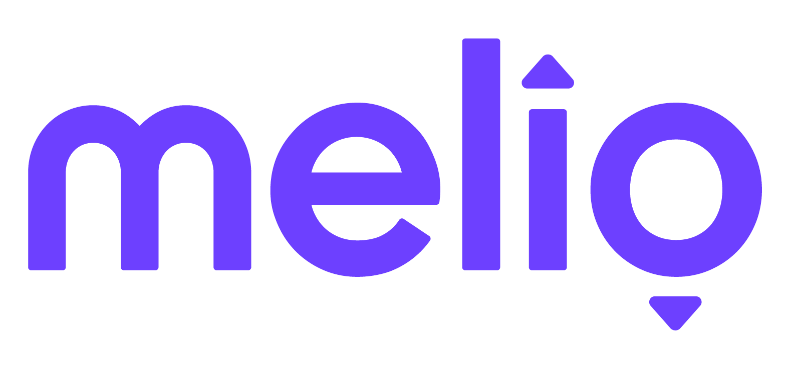 Melio logo in purple, with upward and downward facing arrows in the 