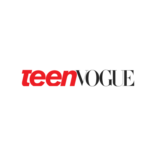The logo for teen vogue is red and black on a white background.