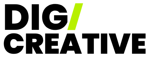 DigCreative Home DIG/CREATIVE logo in bold black text with a bright green slash on a white background