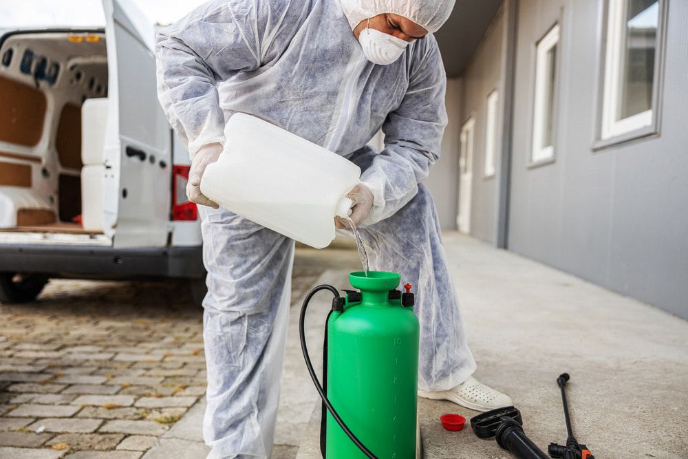A Man in a Protective Suit is Spraying a Green Bottle With a Sprayer — Audy Geiszler Pest Control in Townsville, QLD
