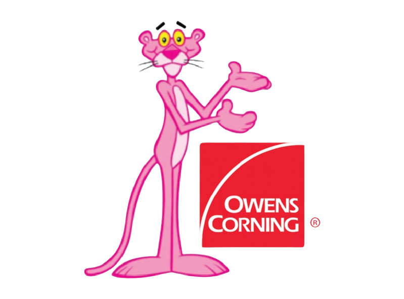 Pink Panther stands beside an Owens Corning logo, gesturing with open hands.