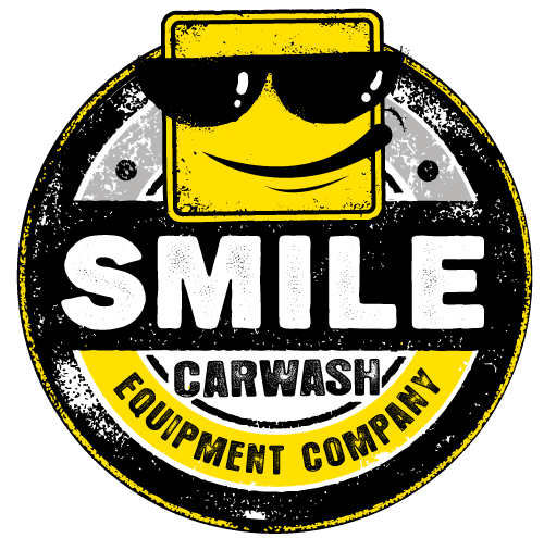 The logo for smile carwash equipment company shows a smiling face wearing sunglasses.