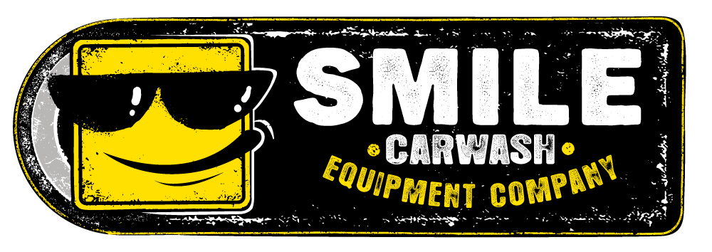 A logo for smile carwash equipment company with a smiling face wearing sunglasses
