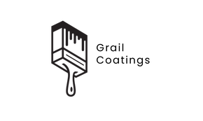 A black and white logo for grail coatings with a paint brush on a white background.