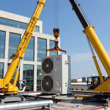 Cranes lifting a large white HVAC unit on a rooftop construction site under a clear blue sky