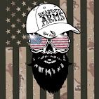Skull with American flag sunglasses, a beard, and a hat that says 