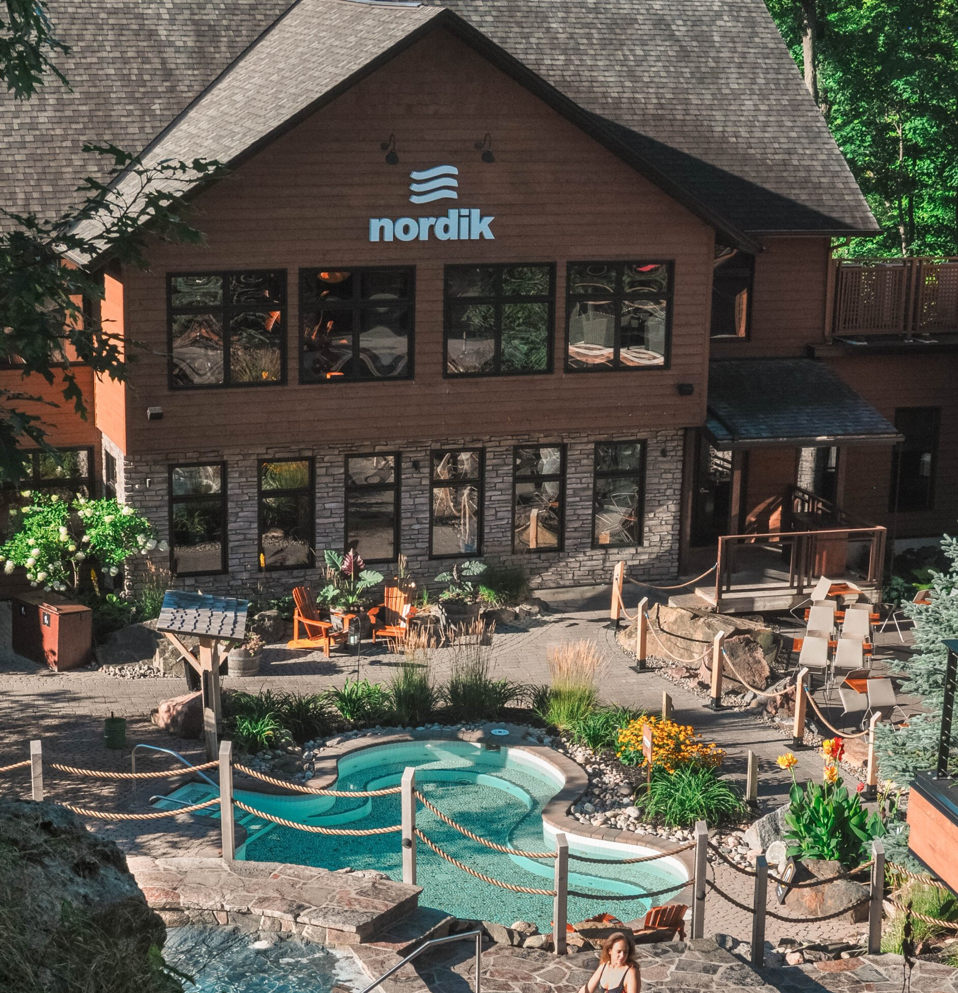 Elevated shot of Nordik Spa's facility and outdoor pools