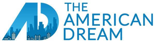 A logo for the american dream with a city skyline in the background.