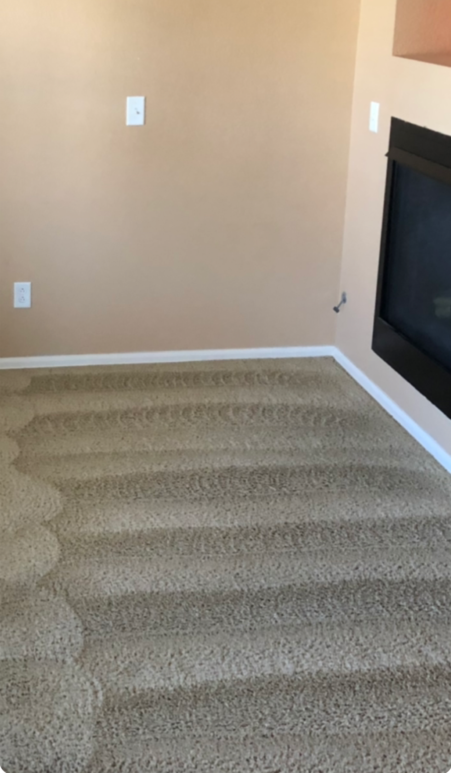 A living room with a fireplace and a carpeted floor.