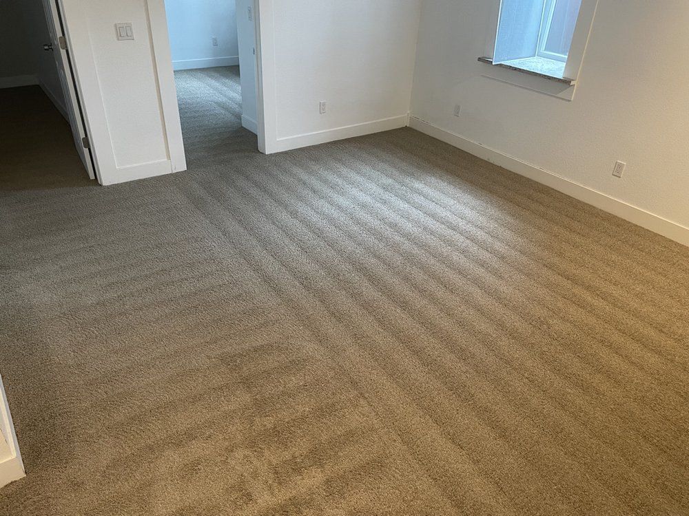 A bedroom with a carpeted floor and a window.