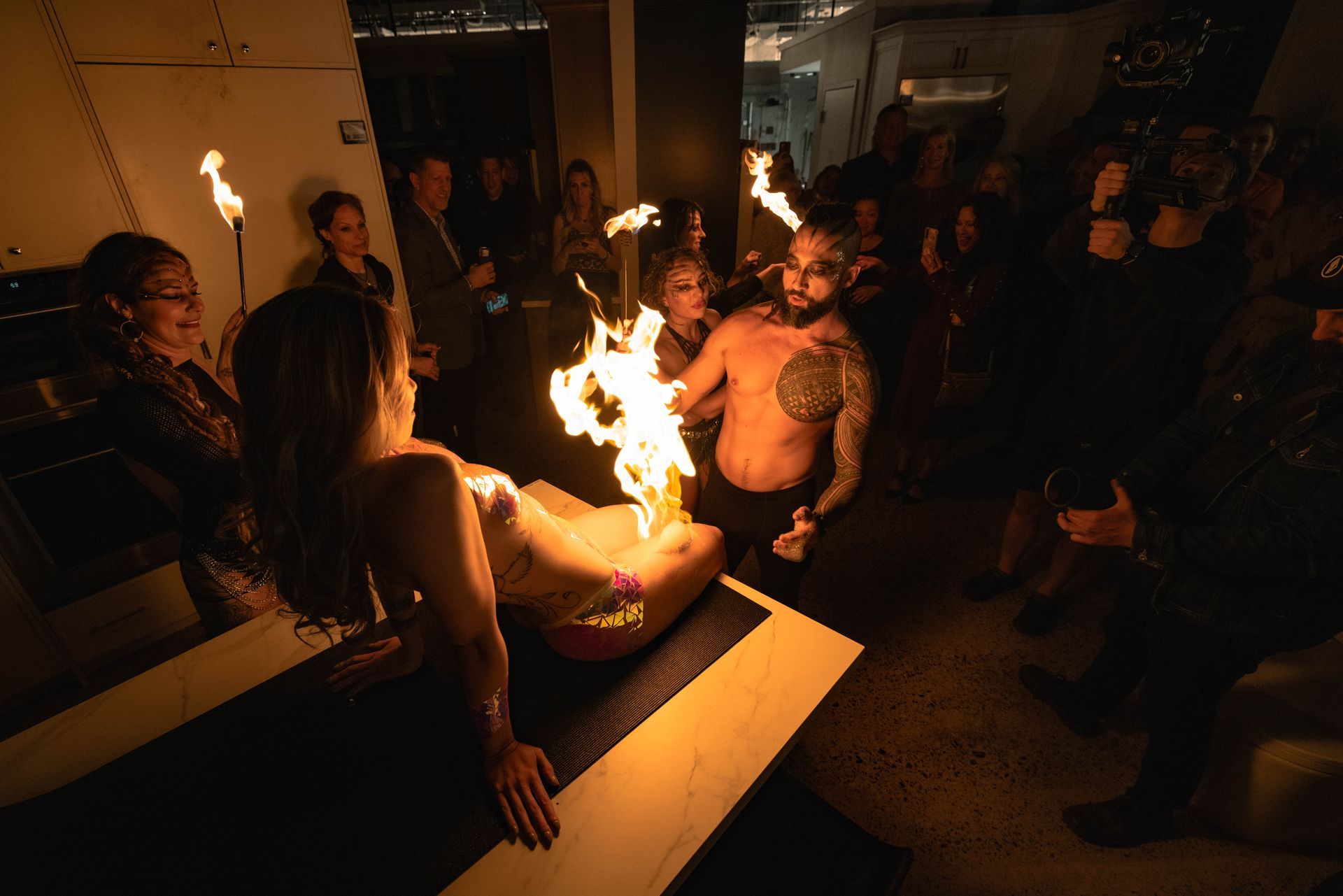 Immersive body taped model on fire