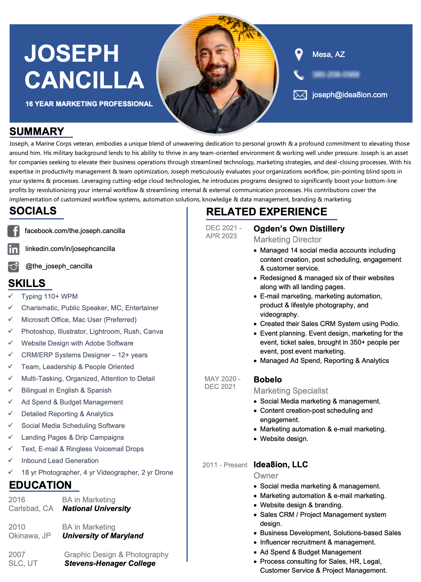 Marketing Resume for Joseph Cancilla