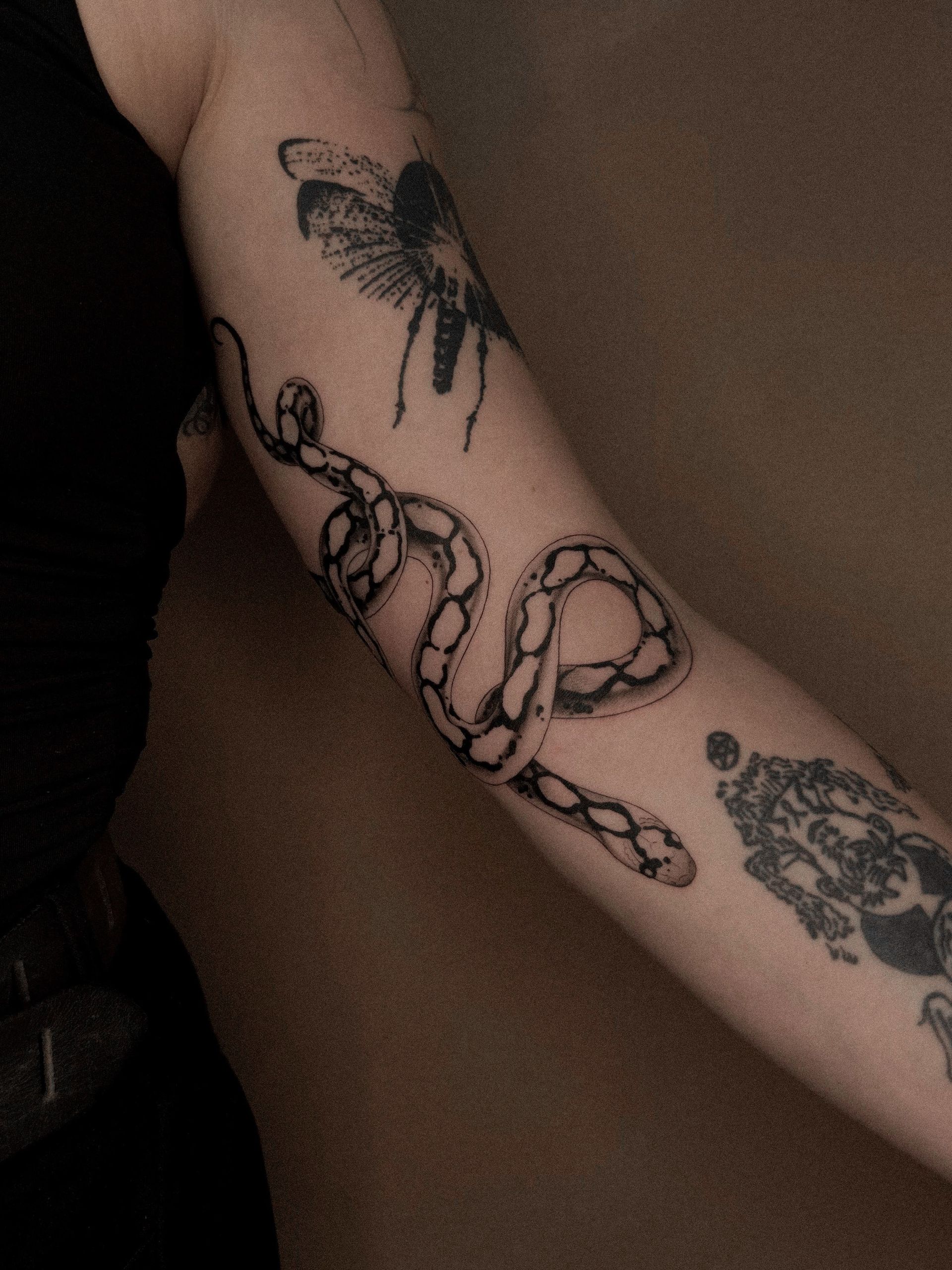 Uma mulher tem várias tatuagens no braço, incluindo uma cobra e uma libélula