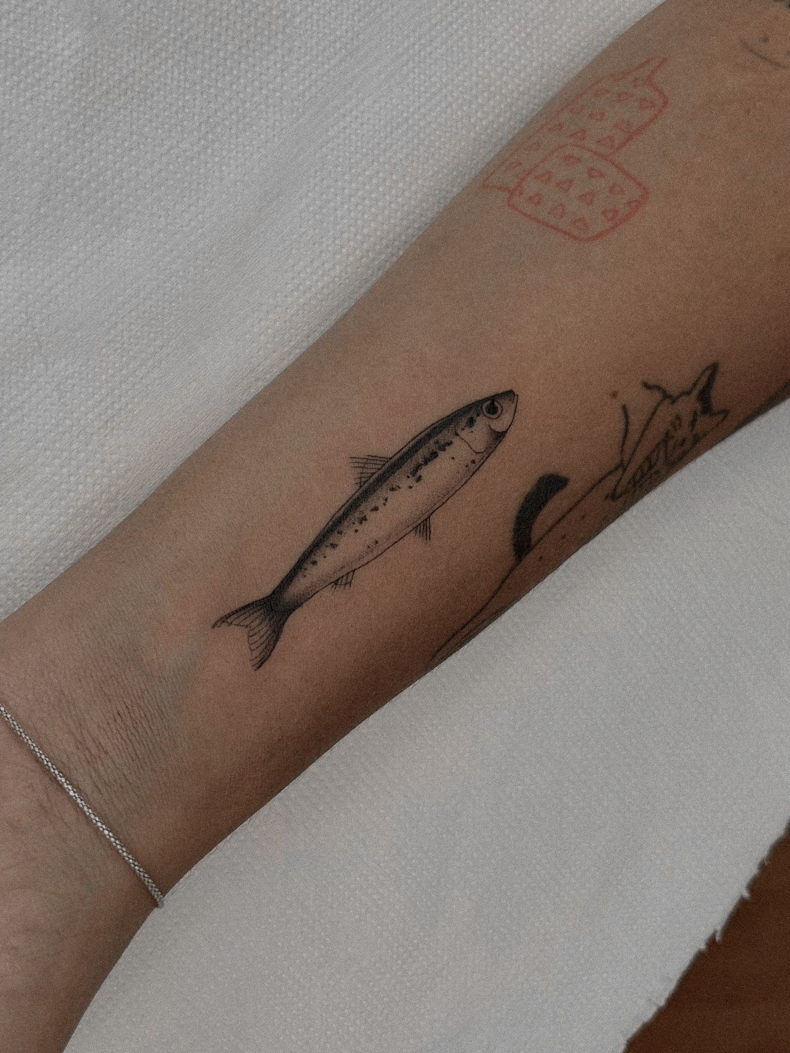 Uma pessoa tem uma tatuagem de um peixe no antebraço.