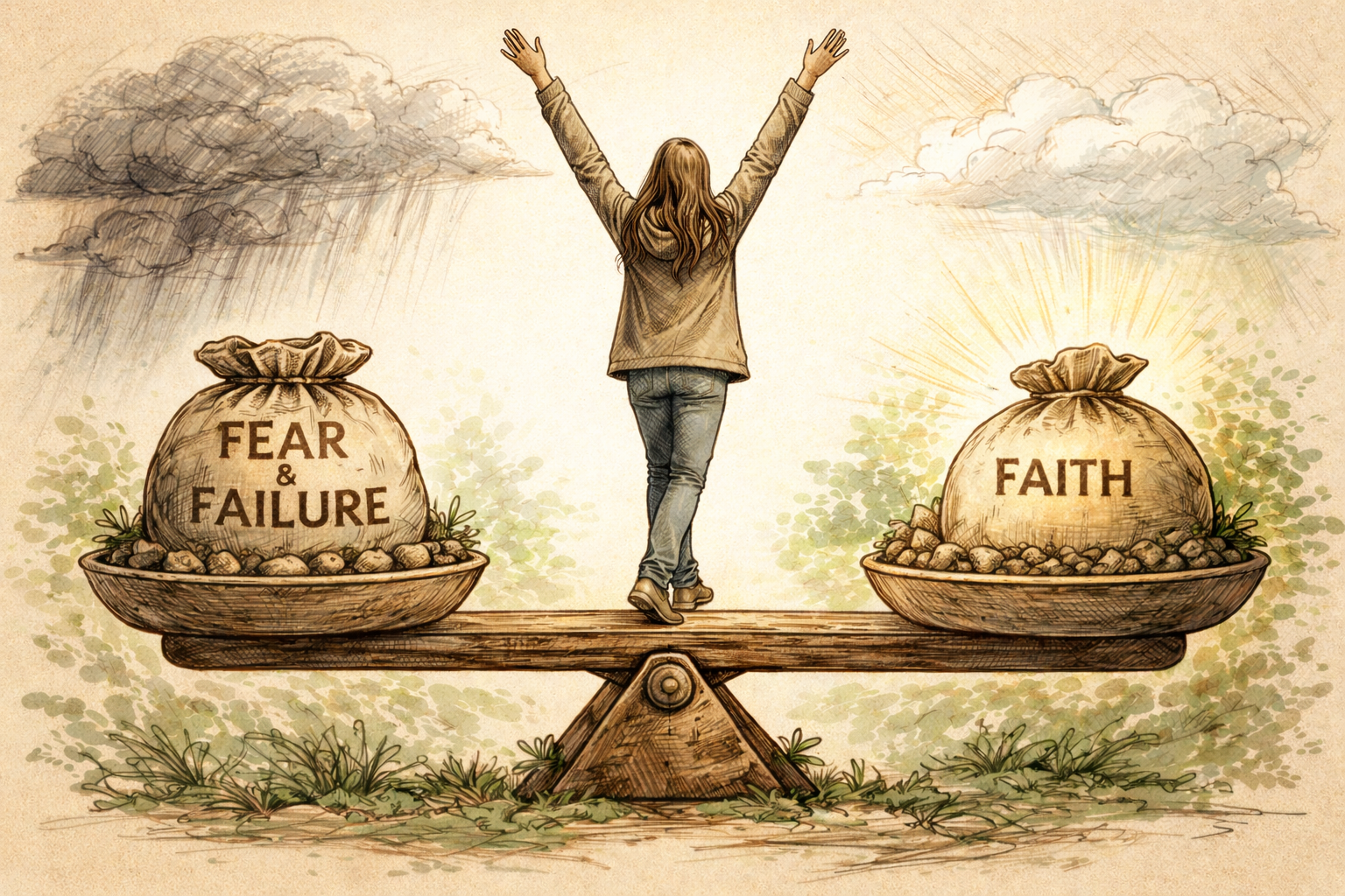 Woman balancing on a scale. Left side: fear and failure. Right side: faith. Overcast sky left, sunny right.