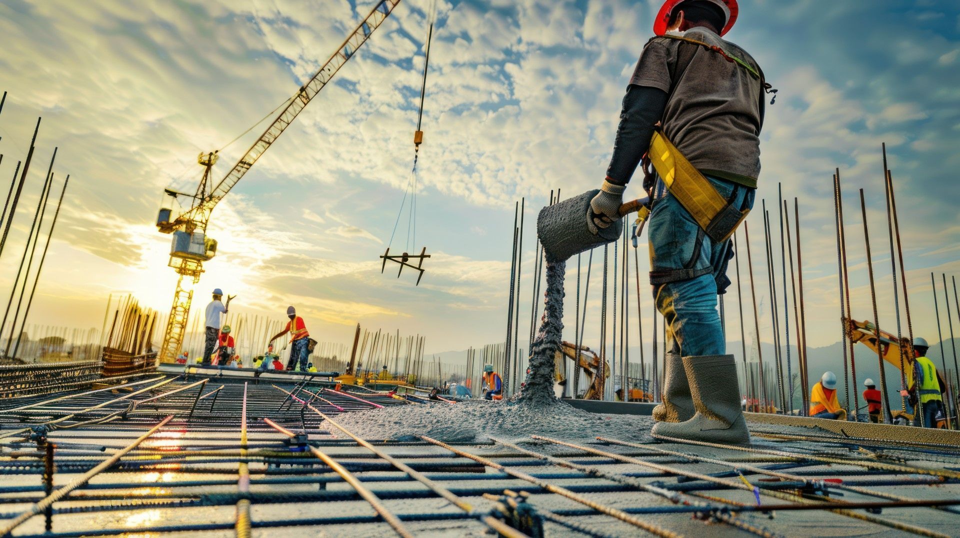 A construction worker is pouring concrete on a construction site.