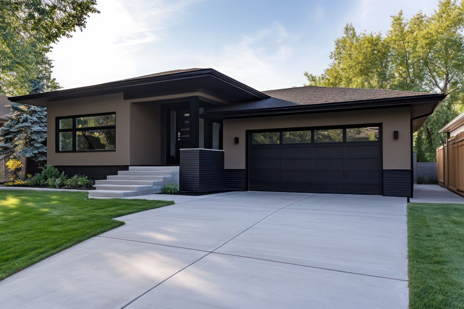A modern house with a black garage door and a concrete driveway.