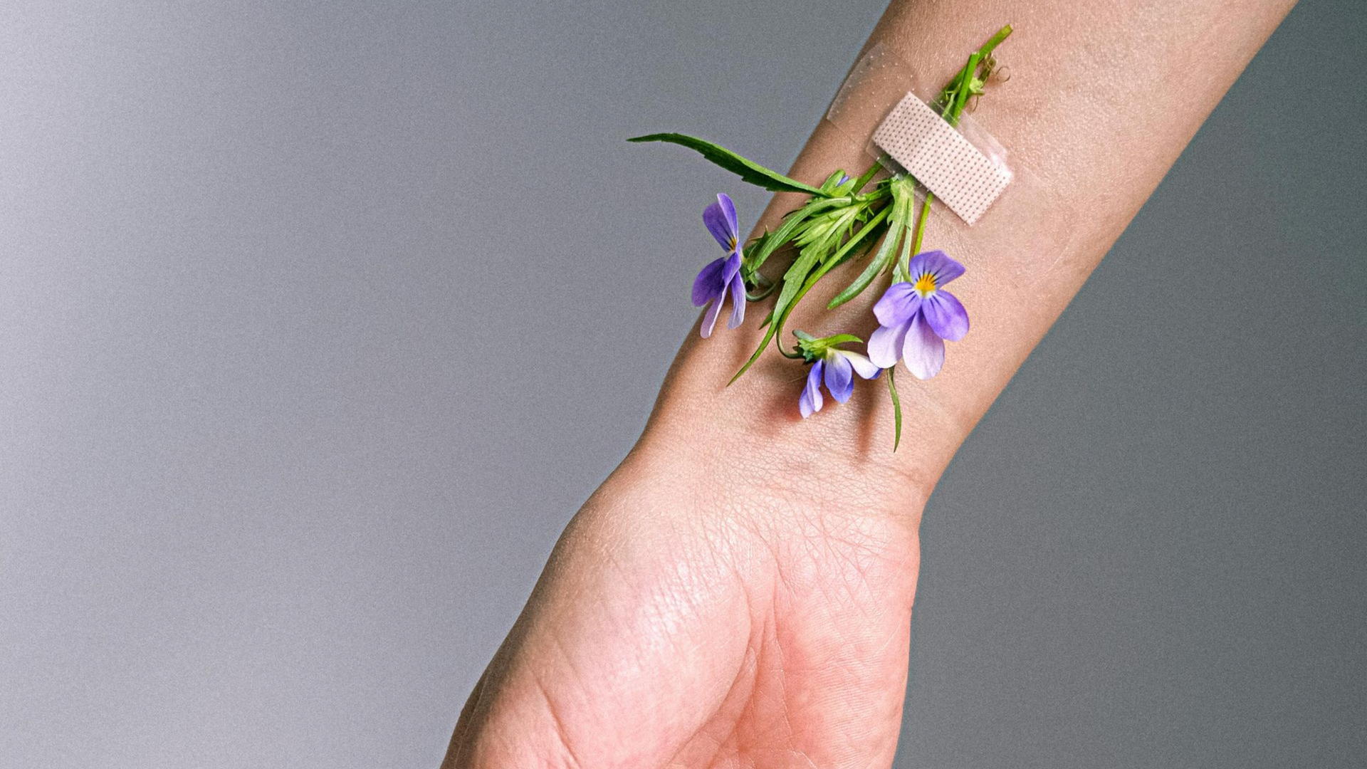 Wrist with small flowers and leaves secured by a bandage against a gray background.